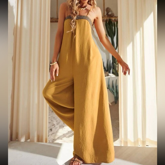 Boho Lace Backless Wide Leg Palazzo Pants Jumpsuit - Picture 5 of 7